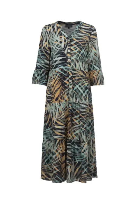 Kleid lang, 3/4 Arm, geschlitzter Rundhals